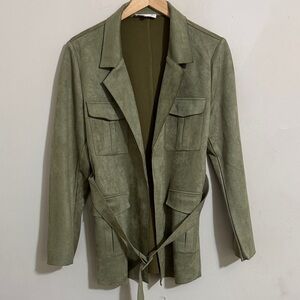 Solitaire Olive Green Faux Suede Belted Jacket Pockets size L Fall Quiet Luxury